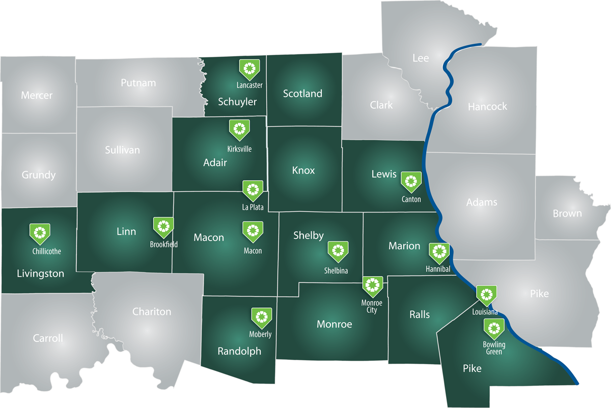 A map of the Hannibal Service Area