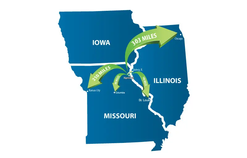 map showing distance to larger cities