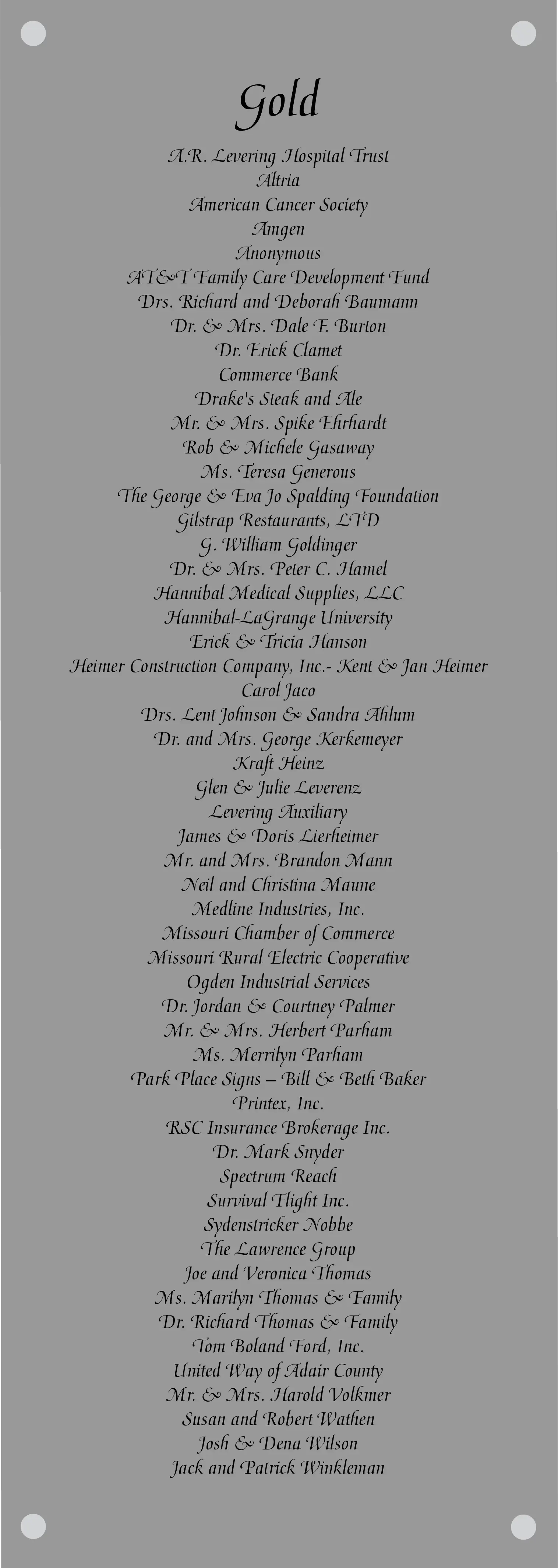 A list of cornerstone Society Gold Members.